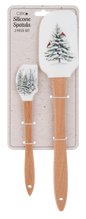 Snowy pine tree spatula and matching evergreen spoonula with wood handles