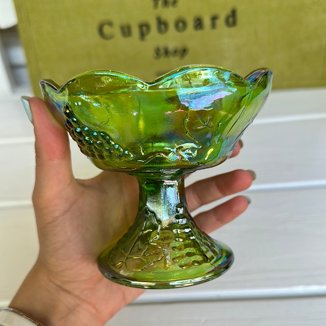 Vintage Green Carnival Glass Candle Stick Grapes & Leaves