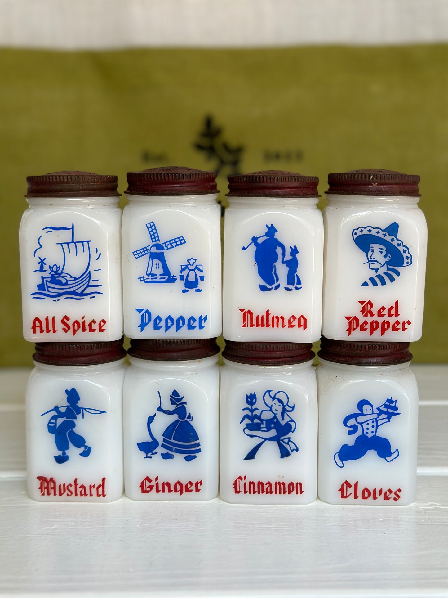 Vintage Anchor Hocking Dutch Milk Glass Spice Jars W/ Original Holder & Lids