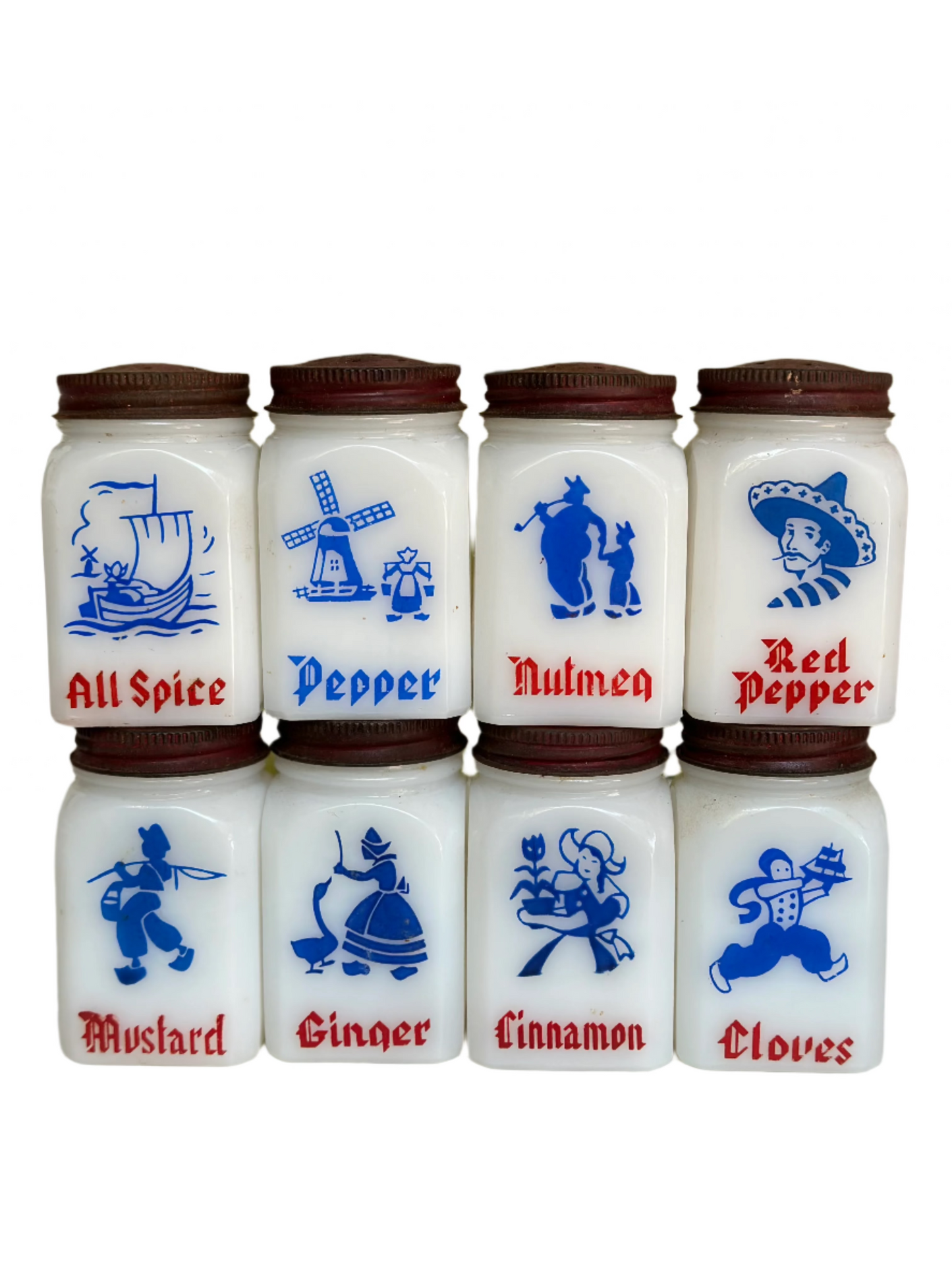 Vintage Anchor Hocking Dutch Milk Glass Spice Jars W Original Holder The Cupboard Shop NJ