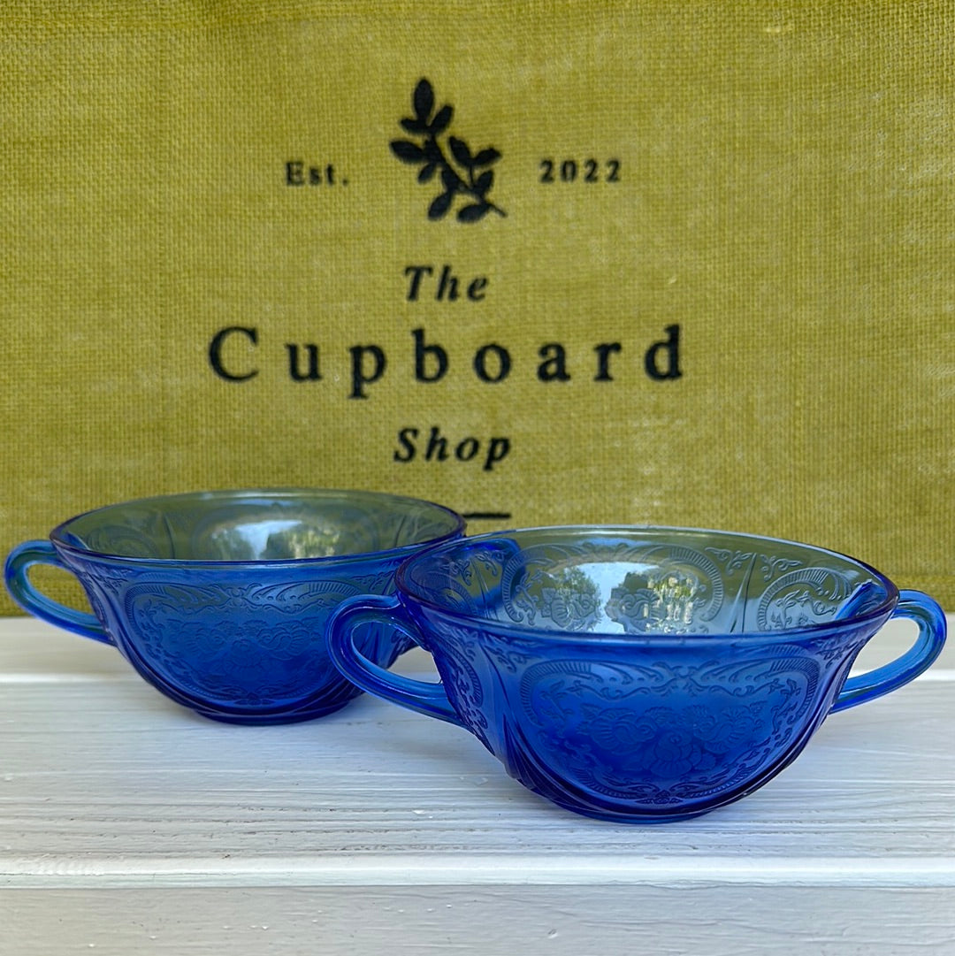 Vintage Hazel Atlas 2 Cobalt Blue Royal Lace Cream Soup Bowls, Set of 2