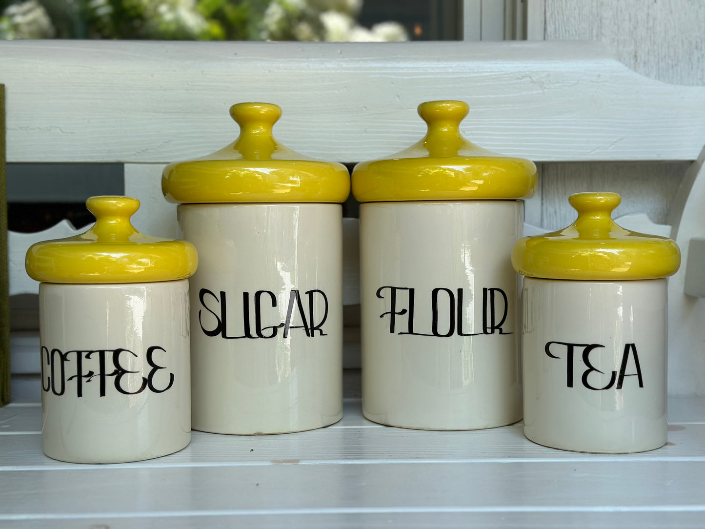 Vintage Holiday Yellow Mushroom Top Canisters Set Holiday Designs USA, 8 pc set