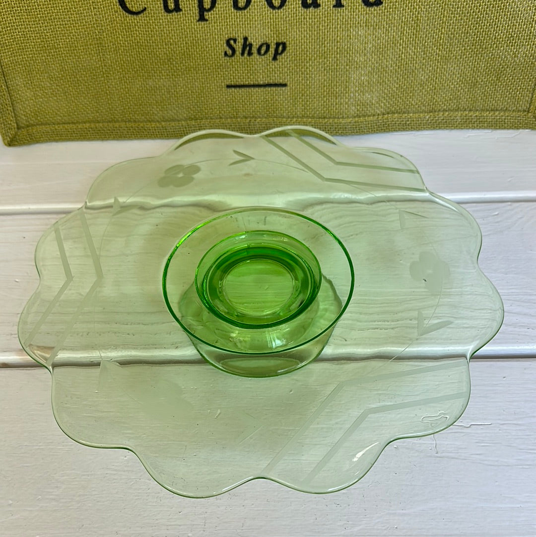 Vintage Uranium Cake Stand w/ Etched Flowers