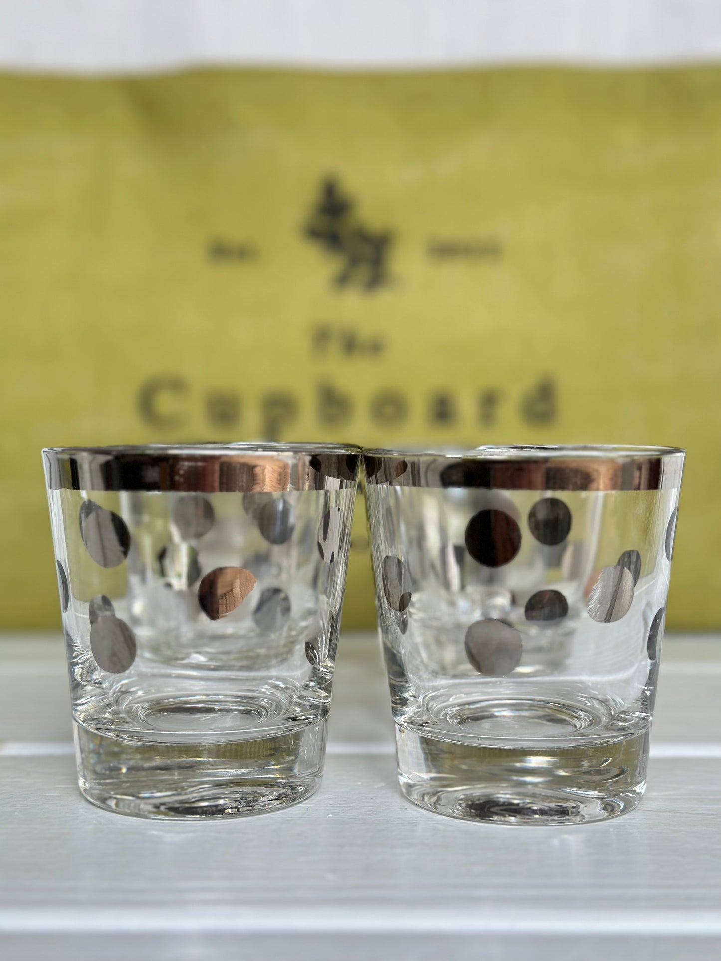 Set of 6, Vintage MCM Dorothy Thorpe Silver Rim Polka Dot Old Fashioned Rock Glasses 6 oz