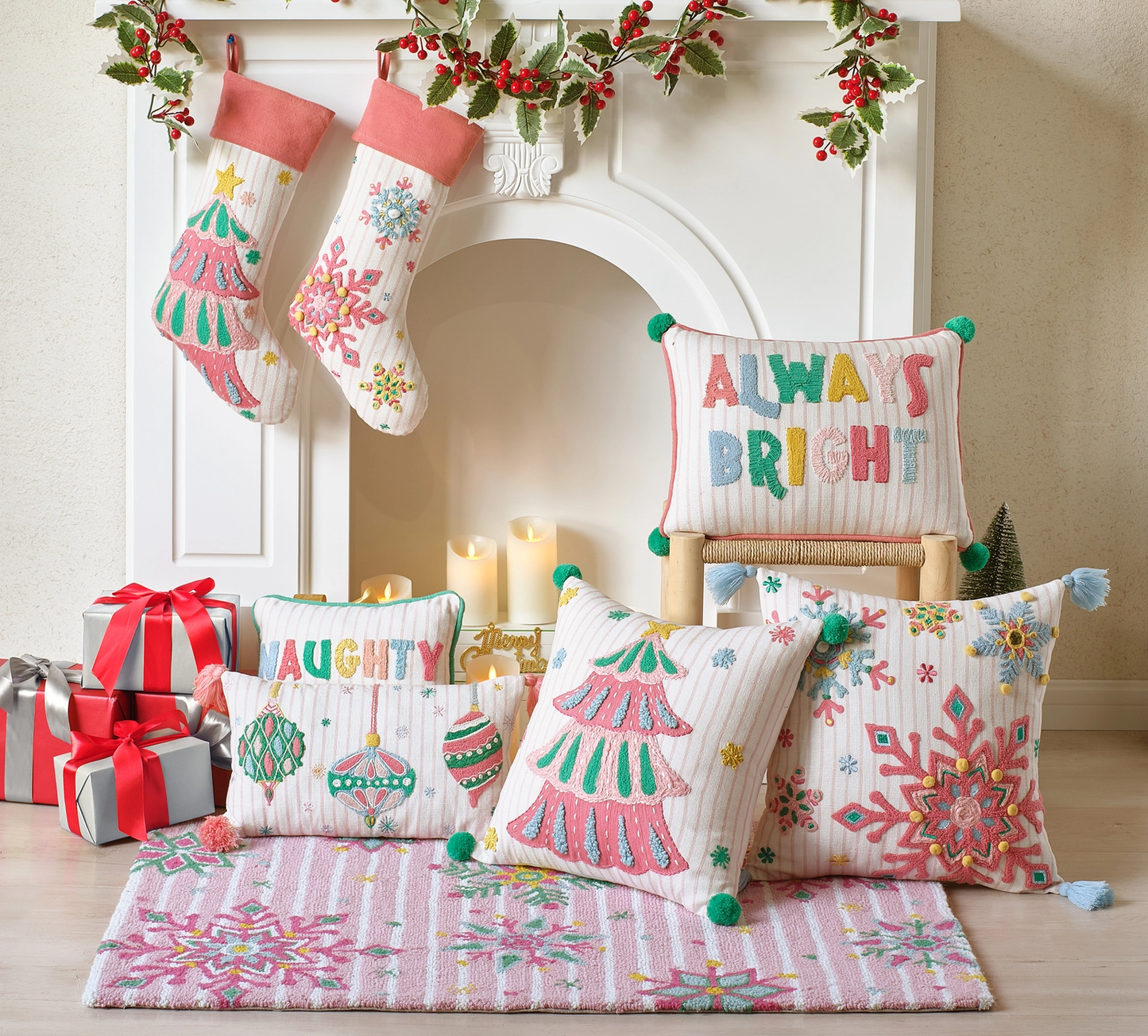 Holiday Bright's Ornaments W/Tassels Embroidered Pillow