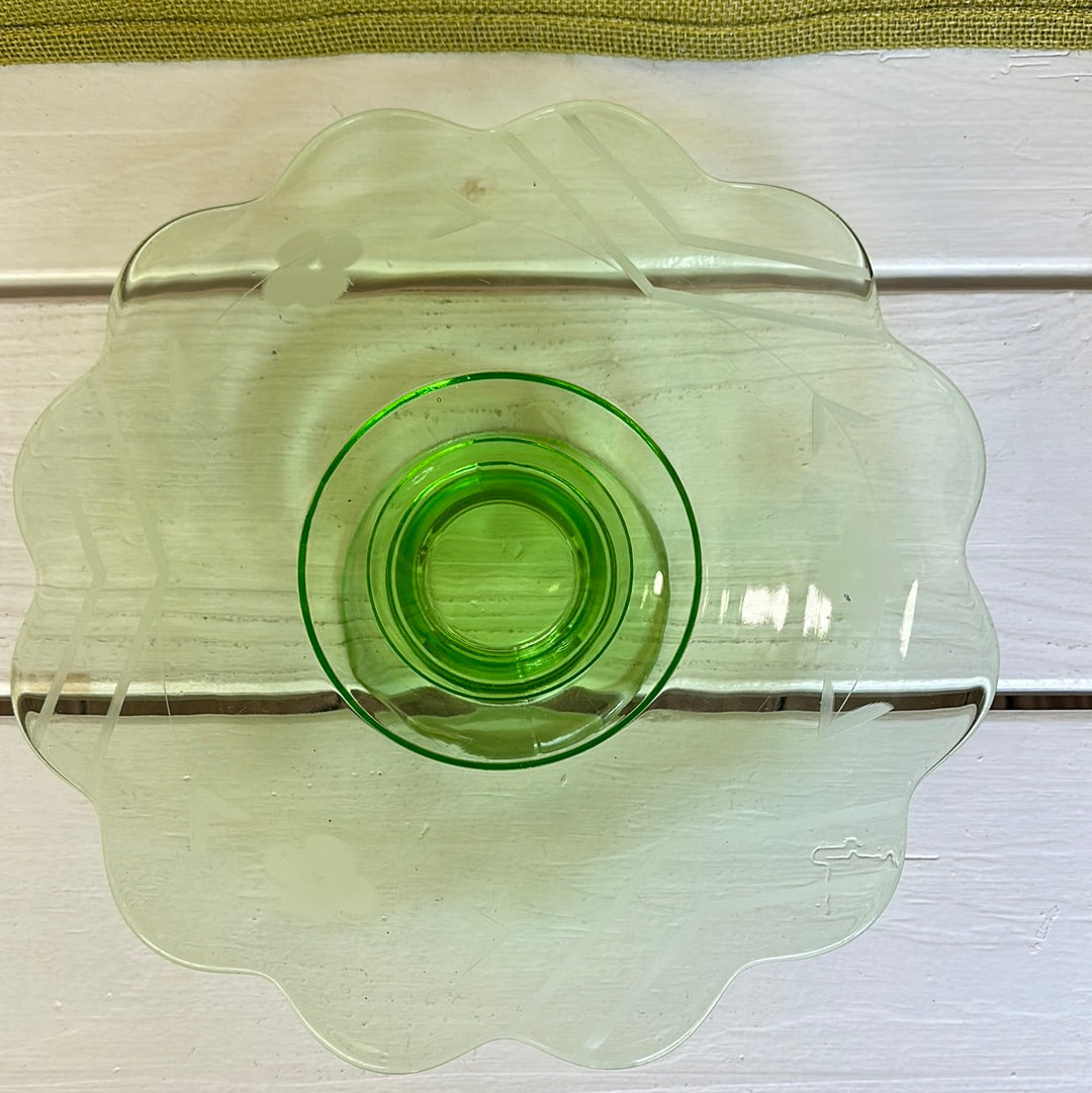 Vintage Uranium Cake Stand w/ Etched Flowers