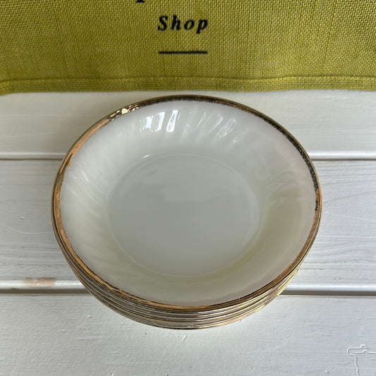 Vintage Fire-King White Milk Glass "Swirl" Bowl w/ Gold Rim, Set of 6