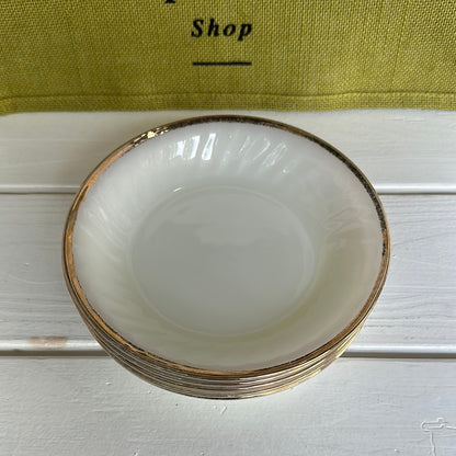 Vintage Fire-King White Milk Glass "Swirl" Bowl w/ Gold Rim, Set of 7