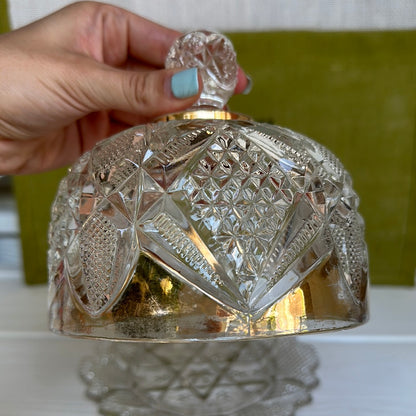 Vintage Cut Glass Gold & Clear Glass Dome Butter Dish