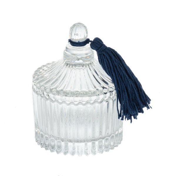 Clear Embossed Glass Trinket Box with Lid & Tassel