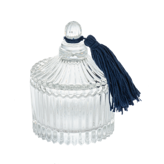 Clear Embossed Glass Trinket Box with Lid & Tassel