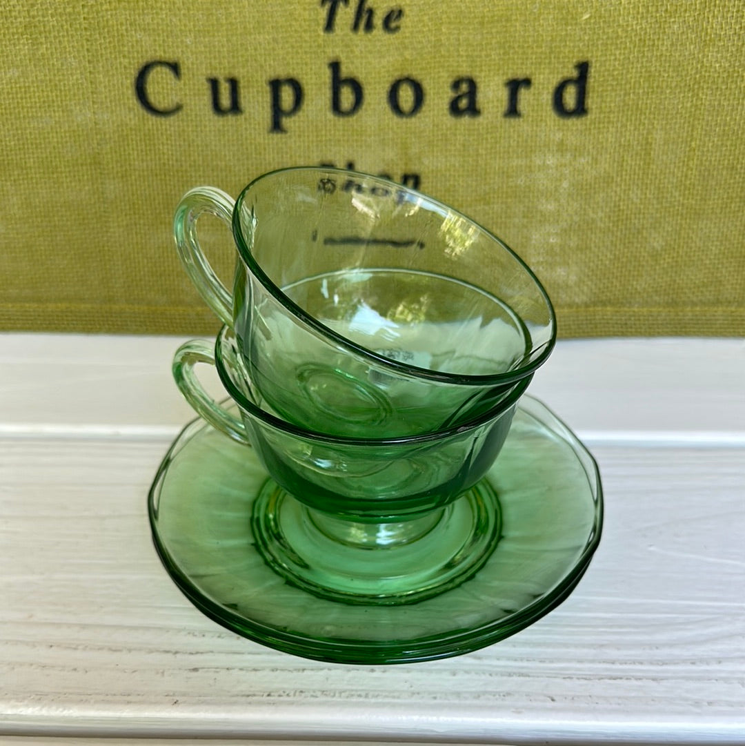Set of 3, Vintage Uranium Green Depression Teacups & Saucers Panel
