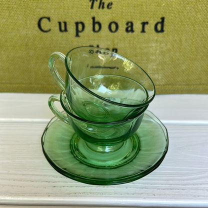 Set of 3, Vintage Uranium Green Depression Teacups & Saucers Panel