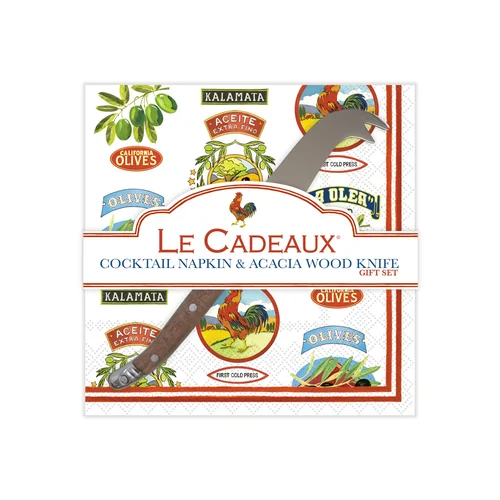 Vintage Olive Allover Cocktail Napkins & Cheese Knife Gift Set