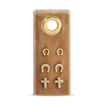 Gold Horseshoe & Cross Studs On Velvet Tag