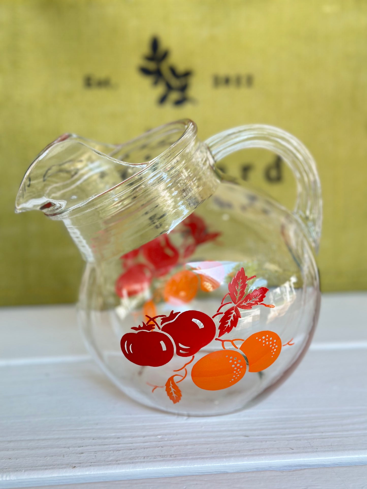 Vintage Clear Glass Titled Juice Pitcher w/ Apples & Orange