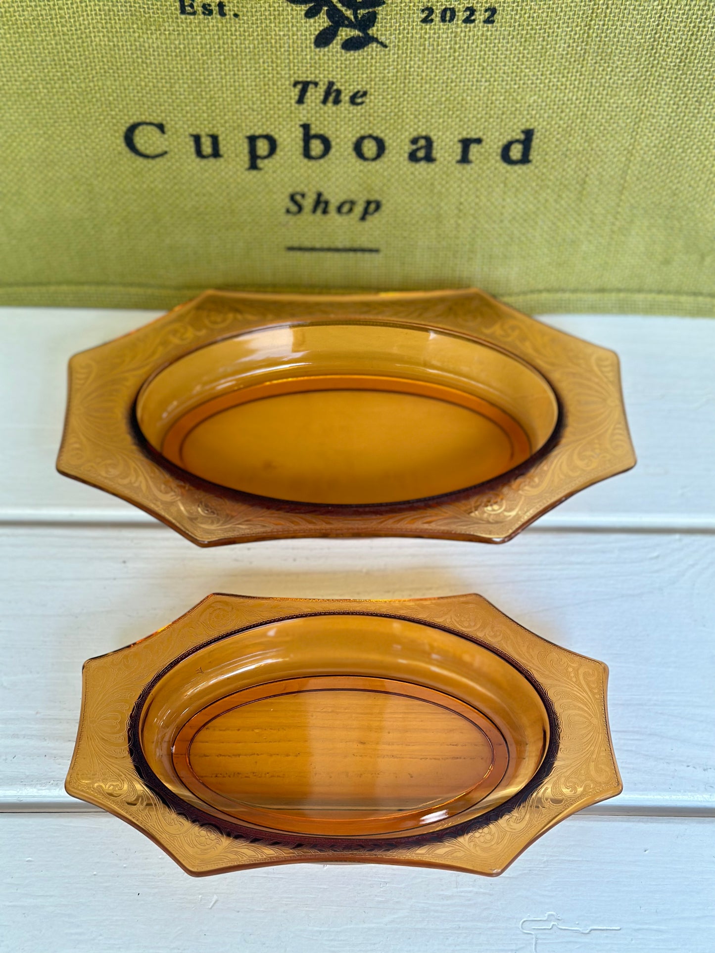 Set of 2, Vintage Cambridge Glass Company Amber Deacagon Pattern