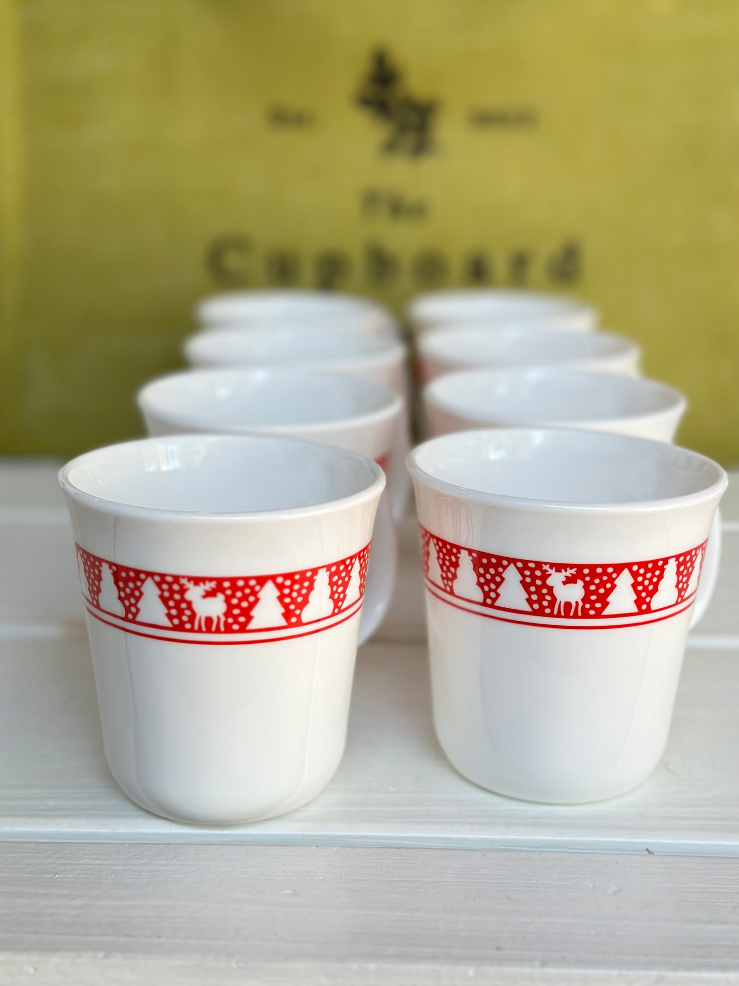 Vintage Corning White w/ Red Holiday/Winter Mug Set of 8