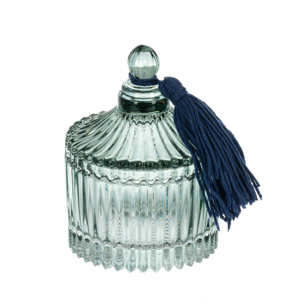 Sage Embossed Glass Trinket Box with Lid & Tassel