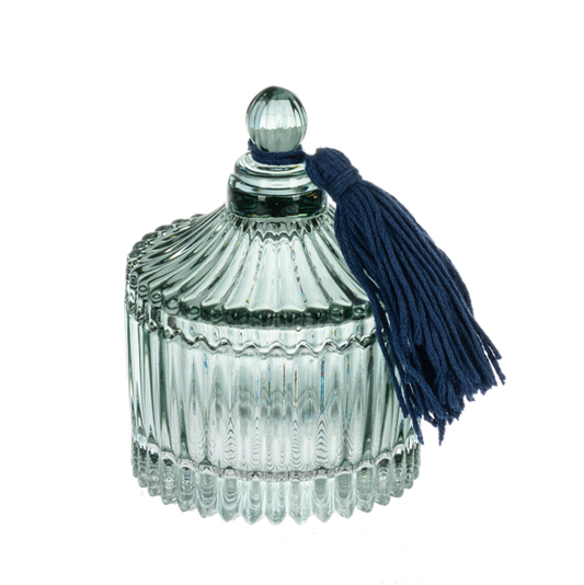 Sage Embossed Glass Trinket Box with Lid & Tassel