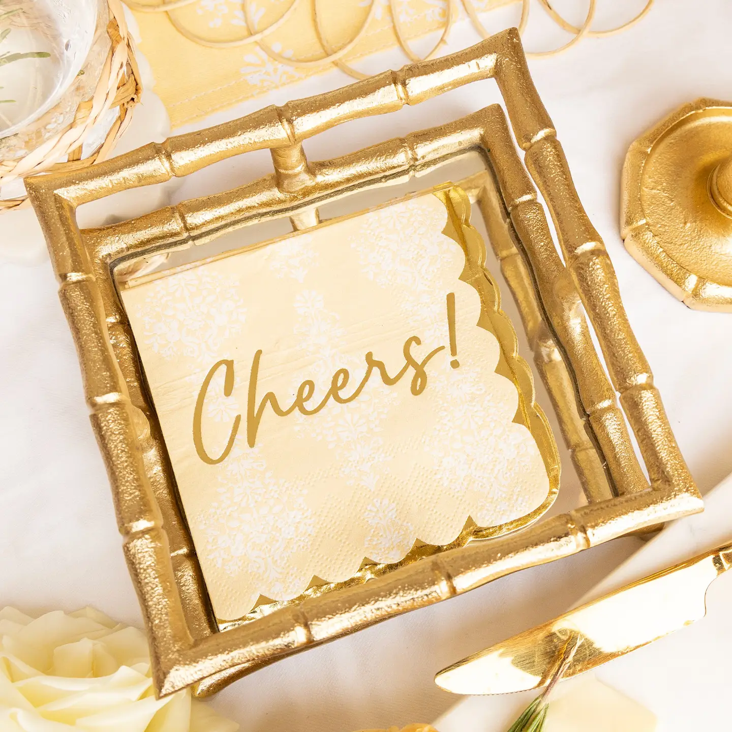 'Cheers!' Golden Damask Paper Cocktail/Beverage Napkin