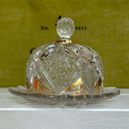 Vintage Cut Glass Gold & Clear Glass Dome Butter Dish