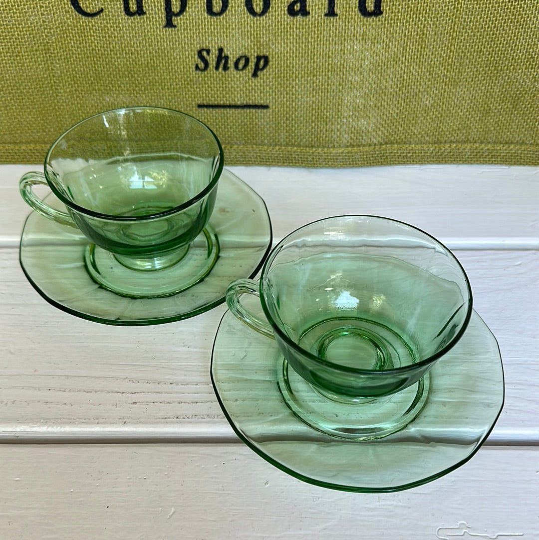 Set of 3, Vintage Uranium Green Depression Teacups & Saucers Panel