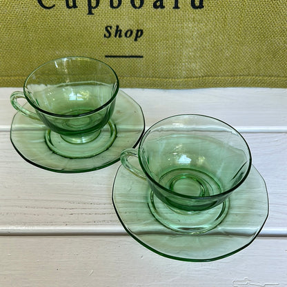 Set of 3, Vintage Uranium Green Depression Teacups & Saucers Panel