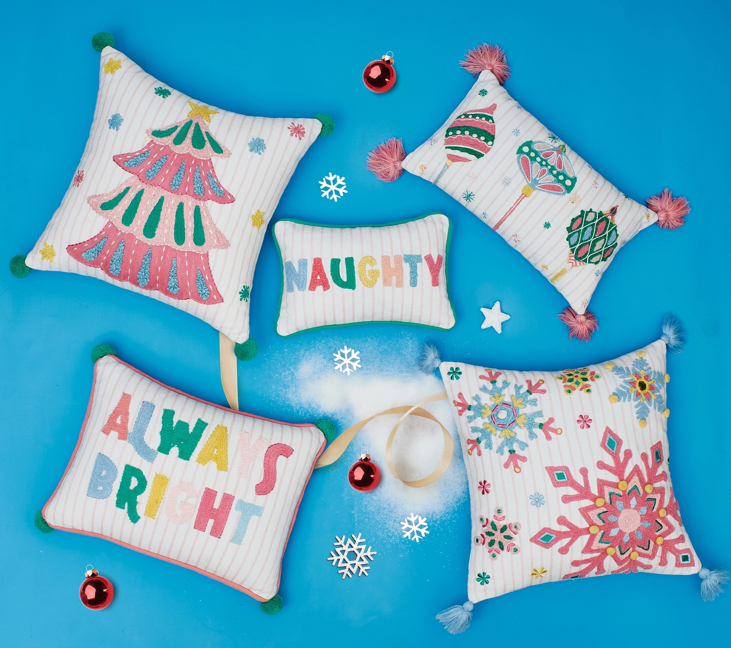 Holiday Bright's Ornaments W/Tassels Embroidered Pillow