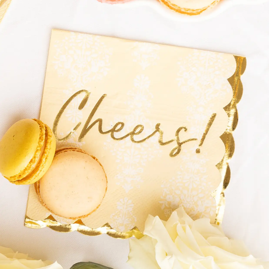 'Cheers!' Golden Damask Paper Cocktail/Beverage Napkin