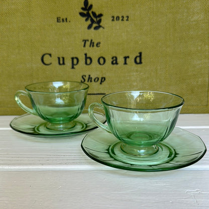 Set of 3, Vintage Uranium Green Depression Teacups & Saucers Panel