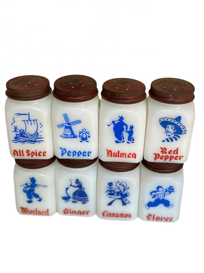 Vintage Anchor Hocking Dutch Milk Glass Spice Jars W/ Original Holder & Lids