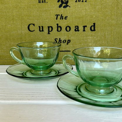 Set of 3, Vintage Uranium Green Depression Teacups & Saucers Panel