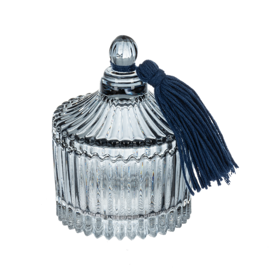 Grey Embossed Glass Trinket Box with Lid & Tassel
