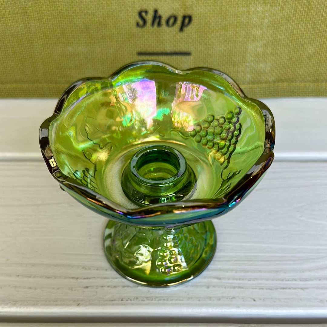 Vintage Green Carnival Glass Candle Stick Grapes & Leaves