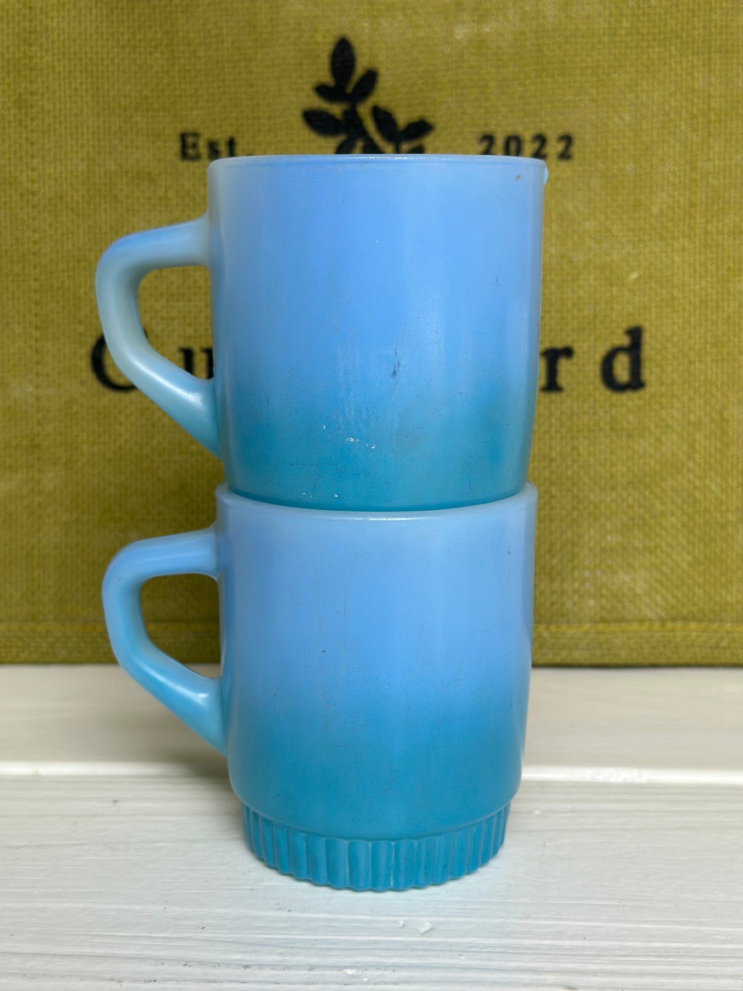 Vintage Anchor Hocking Fire-King Blue Gradient Fired Milk Glass w/ Ribbed Bottom, Set of 2