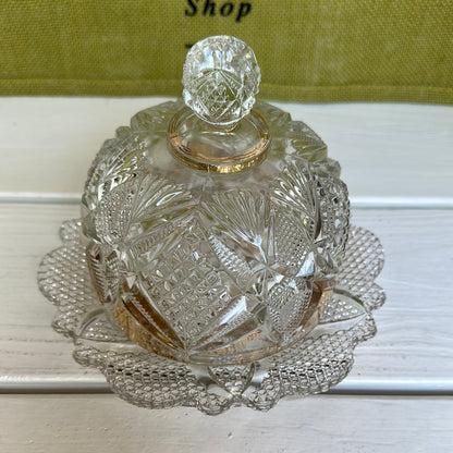 Vintage Cut Glass Gold & Clear Glass Dome Butter Dish