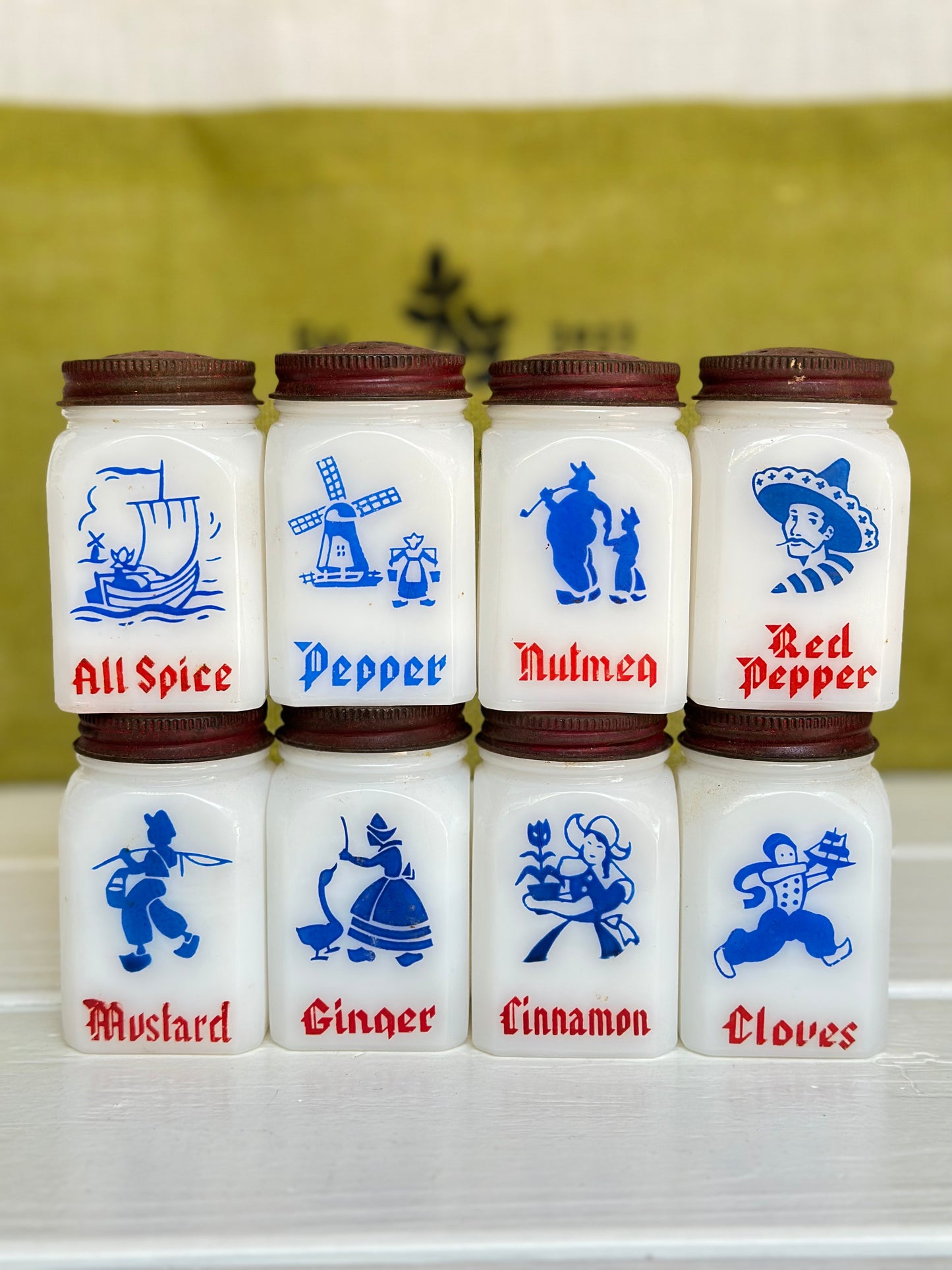 Vintage Anchor Hocking Dutch Milk Glass Spice Jars W/ Original Holder & Lids