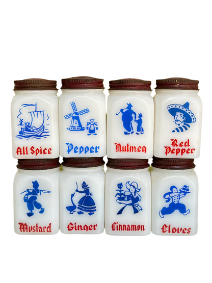 Vintage Anchor Hocking Dutch Milk Glass Spice Jars W/ Original Holder & Lids