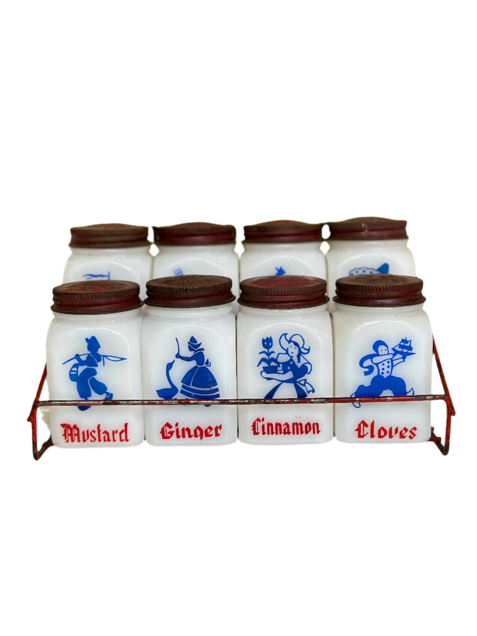 Vintage Anchor Hocking Dutch Milk Glass Spice Jars W/ Original