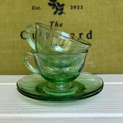 Set of 3, Vintage Uranium Green Depression Teacups & Saucers Panel