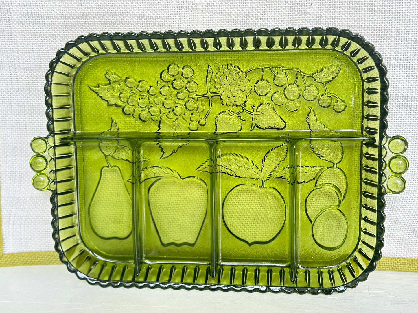 Vintage Indiana Avocado Glass, Divide Fruit Embossed, Party Relish Tray