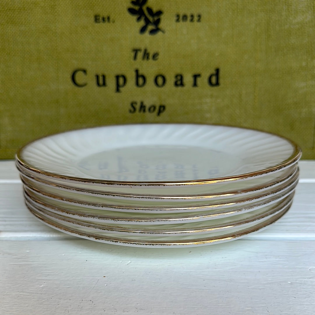 Set of 6, Vintage Anchor Hocking 9 1/2" Swirl Gold Rim Plates