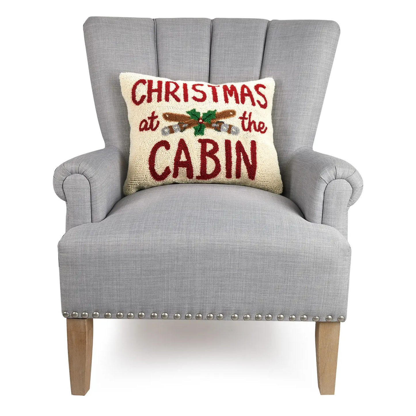 Christmas At the Cabin with Skis & Holly Hook Pillow