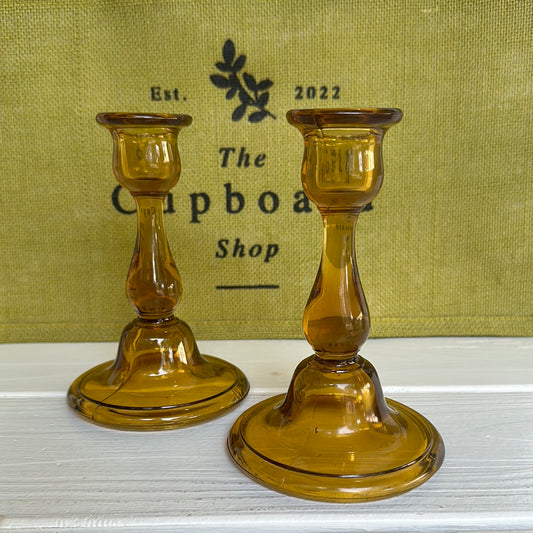 Vintage Tiffin Glass Amber Candlestick Holders, Pair of 2