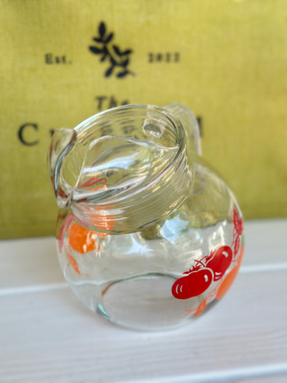 Vintage Clear Glass Titled Juice Pitcher w/ Apples & Orange