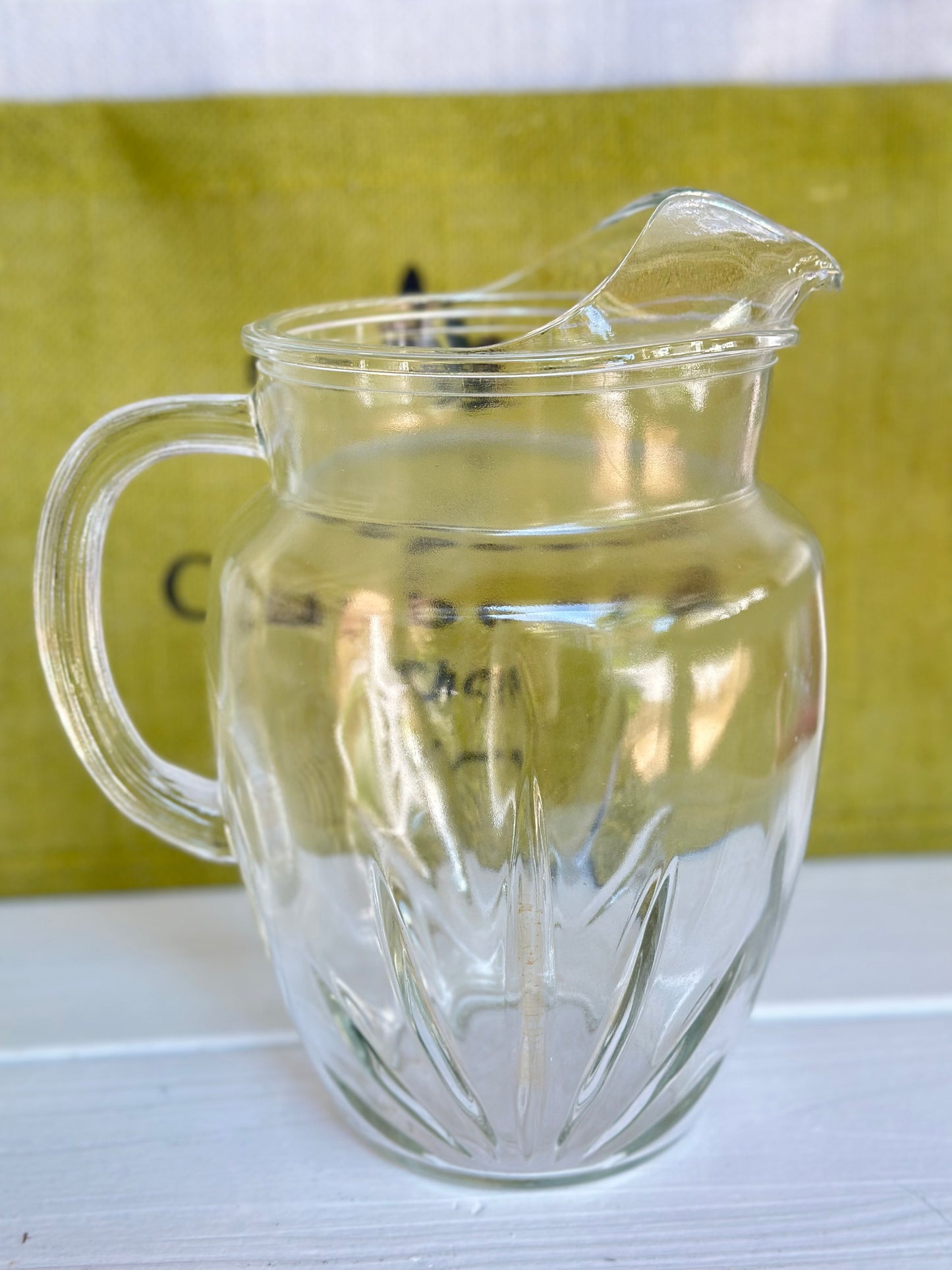 Vintage 10 Tasso Olives Brand Large Clear Glass Pitcher w/ Handle Jar