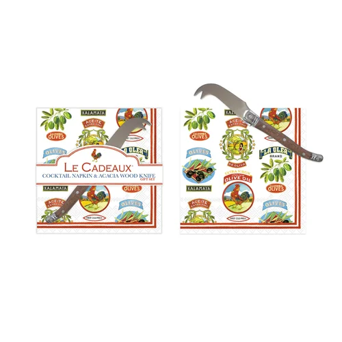 Vintage Olive Allover Cocktail Napkins & Cheese Knife Gift Set