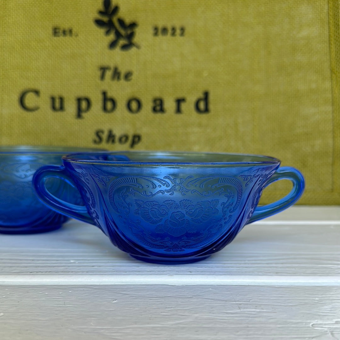 Vintage Hazel Atlas 2 Cobalt Blue Royal Lace Cream Soup Bowls, Set of 2