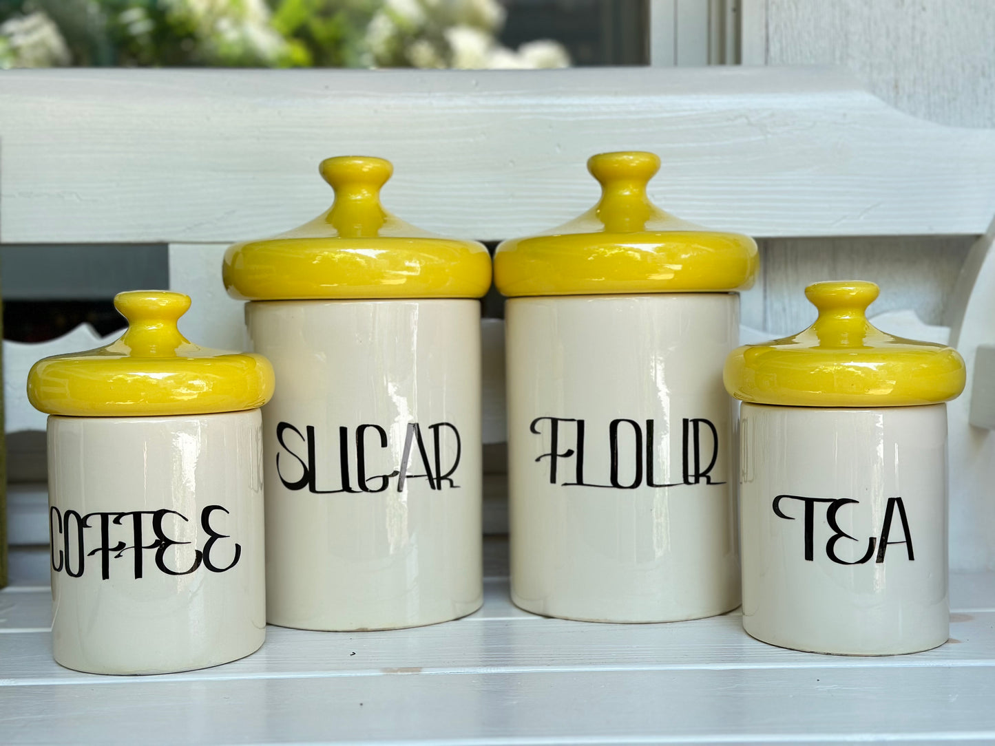 Vintage Holiday Yellow Mushroom Top Canisters Set Holiday Designs USA, 8 pc set